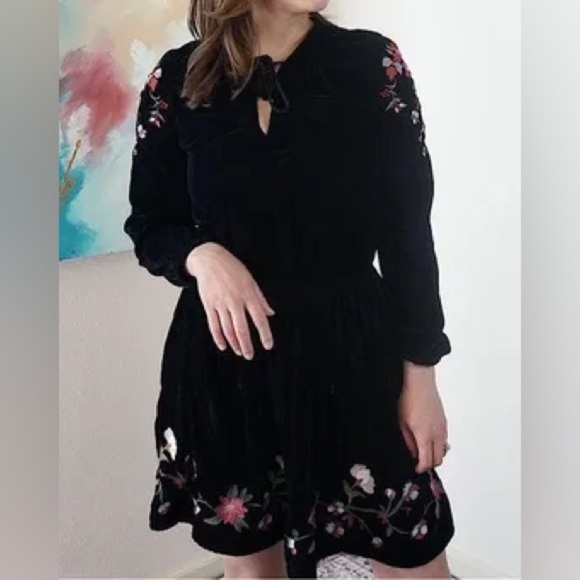 a.n.a. A New Approach Black Velvet Mini Dress Embroidered Long Sleeve, Size L - Picture 2 of 10